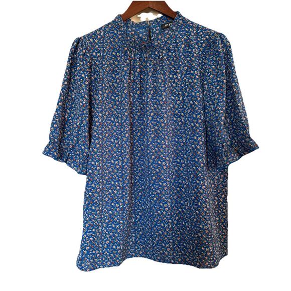 BTFBM Blue Floral High Neck Short Sleeve Blouse Size Large Ruffled Sleeves - Picture 1 of 13